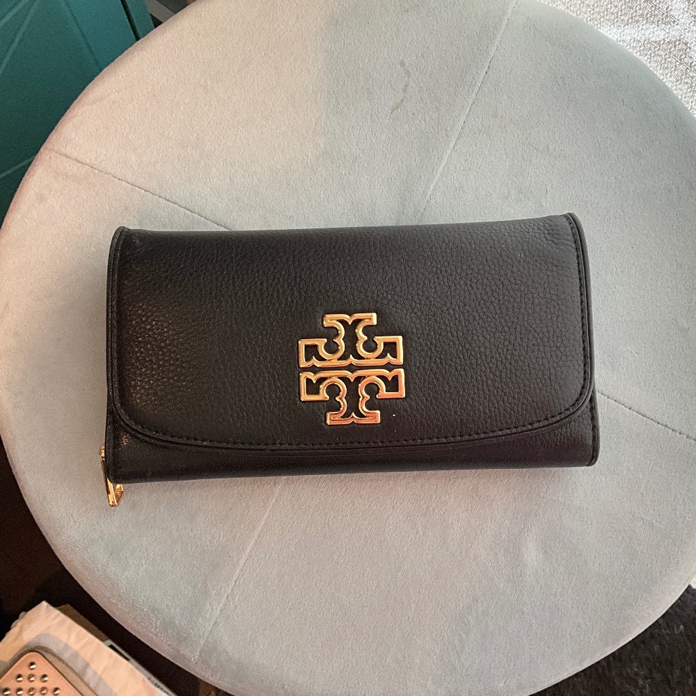 Tory Burch, Black Leather Britten dual envelope Continental Long wallet